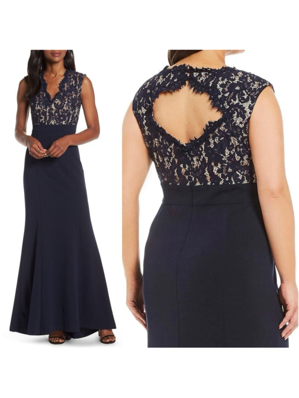 Eliza J Lace Beaded Bodice Navy Trumpet Flattering Evening Gown 20W NWT